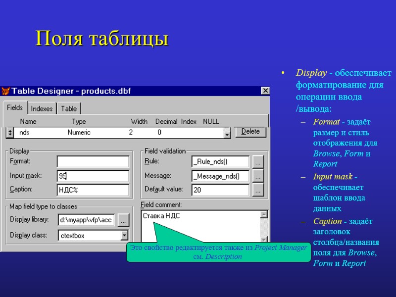 Поля таблицы  Display - обеспечивает форматирование для операции ввода /вывода: Format - задаёт